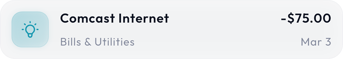 Comcast Internet transaction, -$75.00