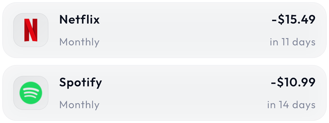 Subscription tracking showing Netflix and Spotify with renewal dates